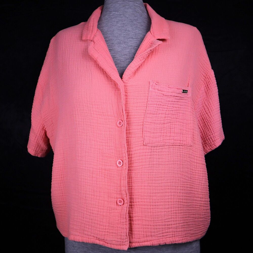 Coastal Grandmother Beach Crinkle Gauze Camp Shirt Salmon Coral Boxy Boho Earthy